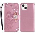 iPhone 15 Plus Custodia portafoglio con strass gufo - Oro rosa