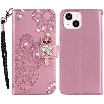 iPhone 15 Plus Custodia portafoglio con strass gufo - Oro rosa