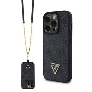 iPhone 15 Pro Guess 4G Strass Triangle Metal Logo Case with Crossbody Strap - Black