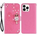 iPhone 15 Pro Max Custodia portafoglio con strass gufo - Rosa Neon