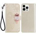 iPhone 15 Pro Custodia portafoglio con strass gufo - Oro