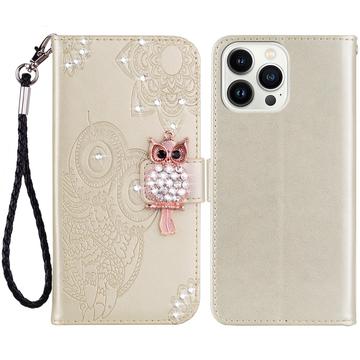 iPhone 15 Pro Custodia portafoglio con strass gufo - Oro