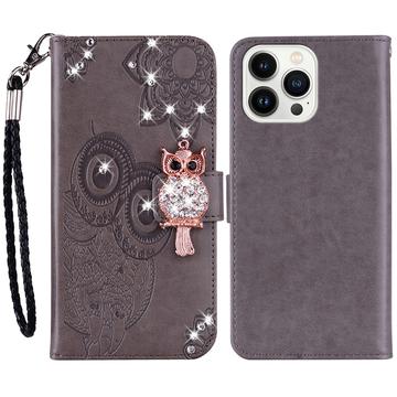 iPhone 15 Pro Custodia portafoglio con strass gufo - Grigio