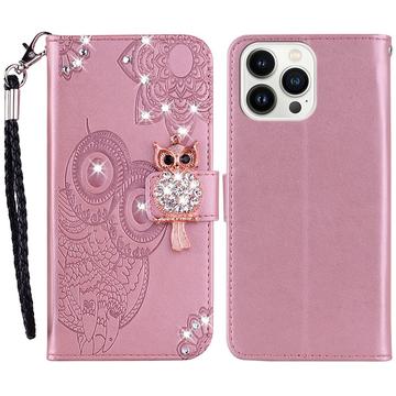 iPhone 15 Pro Custodia portafoglio con strass gufo