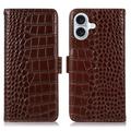 Custodia in Pelle a Portafoglio Serie Crocodile con RFID per iPhone 16 - Marrone