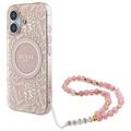 Custodia con cinturino perlato iPhone 16 Guess IML Flowers Allover Electro - Compatibile con MagSafe