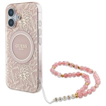 Custodia con cinturino perlato iPhone 16 Guess IML Flowers Allover Electro - Compatibile con MagSafe