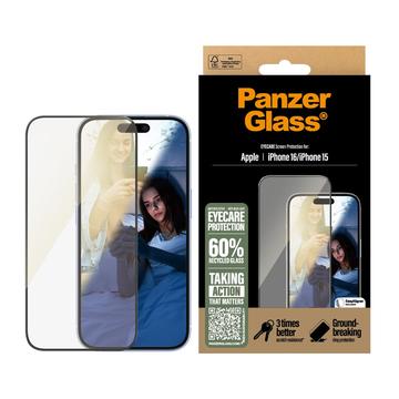 Proteggi schermo in vetro temperato per iPhone 16/15 PanzerGlass EyeCare Ultra-Wide Fit EasyAligner - Bordo nero