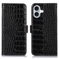 Custodia in Pelle a Portafoglio Serie Crocodile con RFID per iPhone 16 Plus - Nera