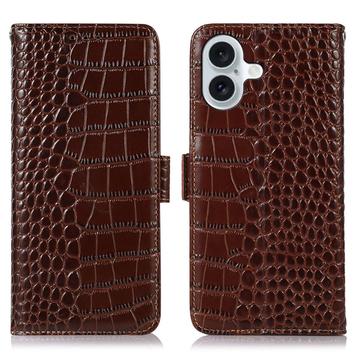 Custodia in Pelle a Portafoglio Serie Crocodile con RFID per iPhone 16 Plus - Marrone