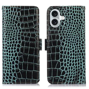 Custodia in Pelle a Portafoglio Serie Crocodile con RFID per iPhone 16 Plus - Verde