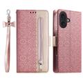 Custodia Portafoglio Lace Pattern per iPhone 16 Plus - Rosa Oro