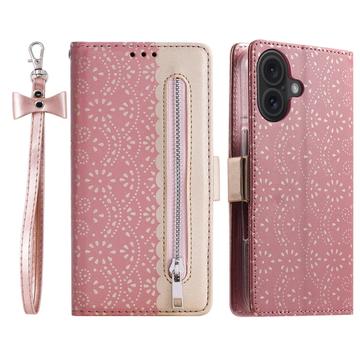 Custodia Portafoglio Lace Pattern per iPhone 16 Plus - Rosa Oro