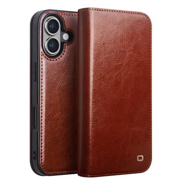 Custodia in pelle a portafoglio iPhone 16 Plus Qialino Classic - Marrone Scuro