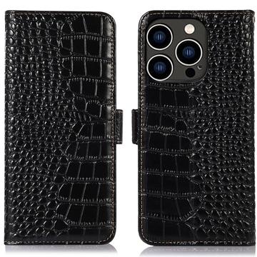 Custodia in Pelle a Portafoglio Serie Crocodile con RFID per iPhone 16 Pro - Nera