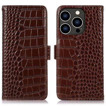 Custodia in Pelle a Portafoglio Serie Crocodile con RFID per iPhone 16 Pro - Marrone