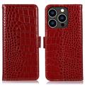 Custodia in Pelle a Portafoglio Serie Crocodile con RFID per iPhone 16 Pro - Rossa