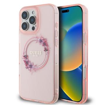 Custodia iPhone 16 Pro Guess IML Flowers Wreath - Compatibile con MagSafe - Rosa