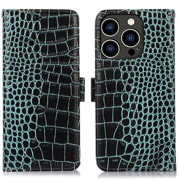 Custodia in Pelle a Portafoglio Serie Crocodile con RFID per iPhone 16 Pro Max - Verde