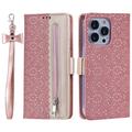 Custodia Portafoglio Lace Pattern per iPhone 16 Pro Max - Rosa Oro